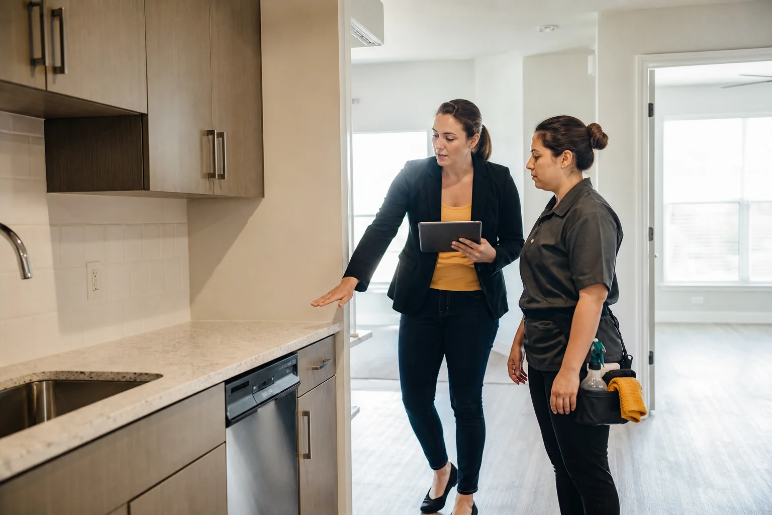 A property manager and cleaner reviewing a vacant apartment kitchen