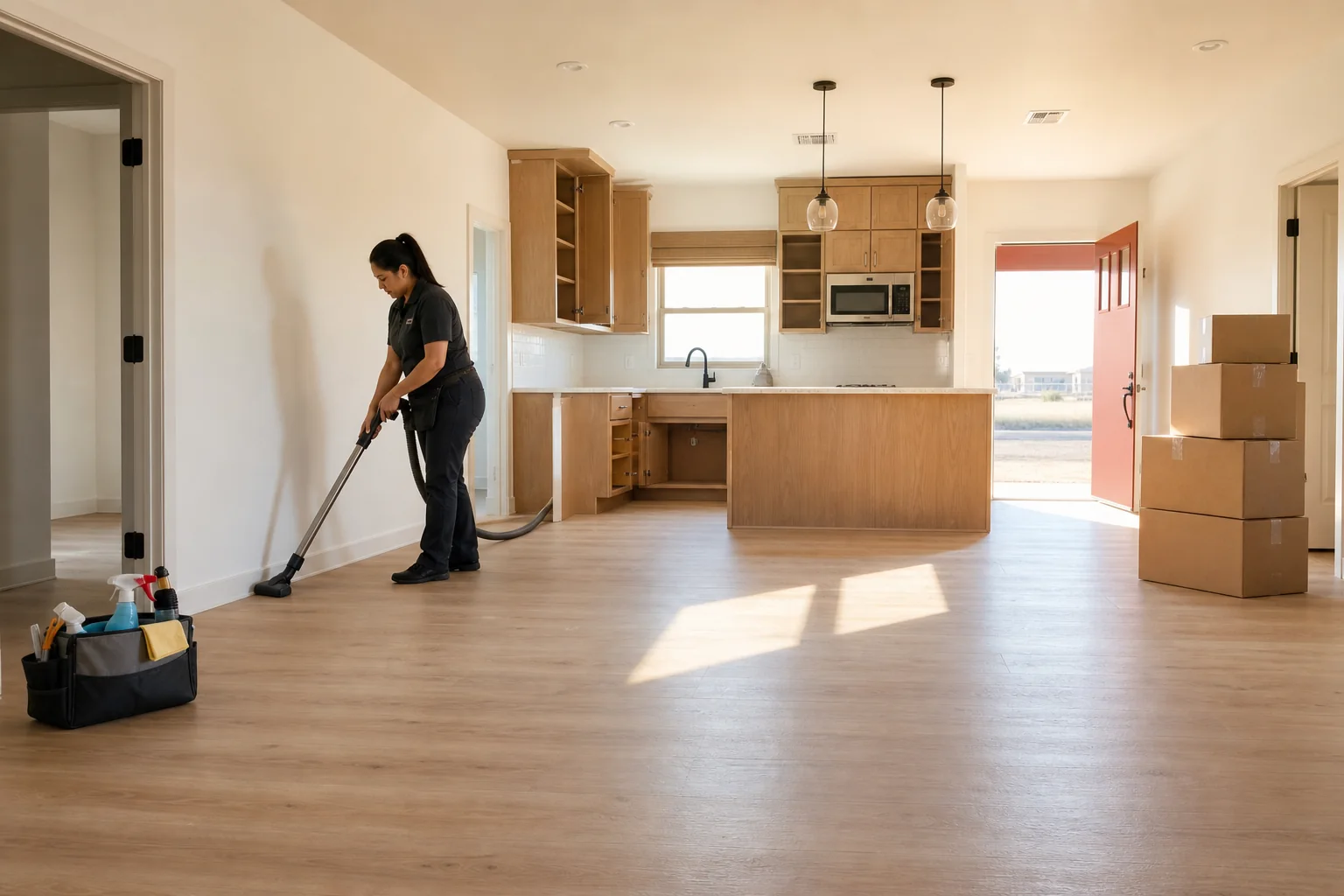 A cleaner vacuuming an empty home with moving boxes by the door