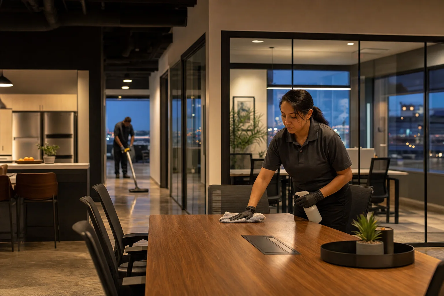 A professional cleaning a conference room after office hours