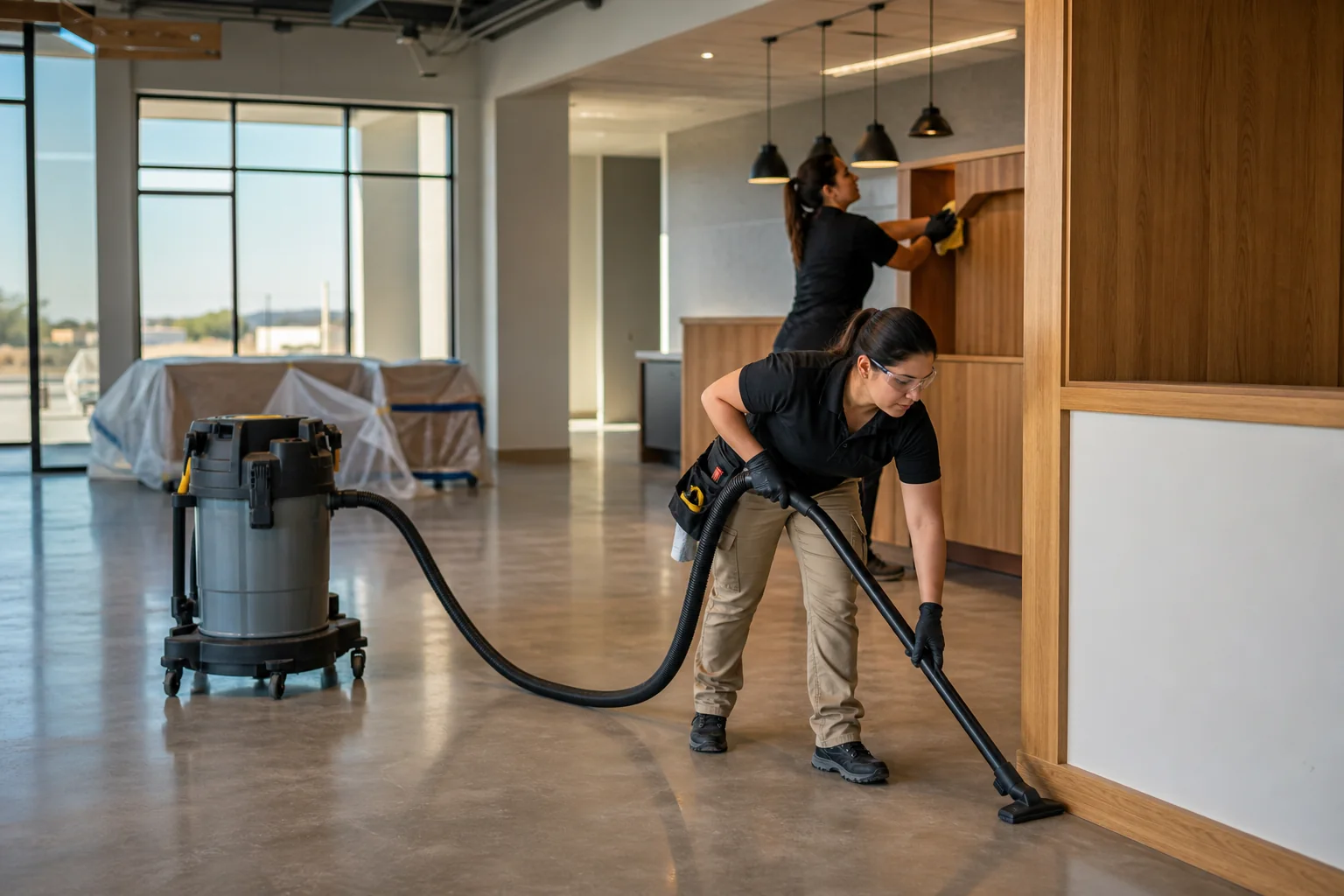 A team completing final cleaning in a newly built commercial interior