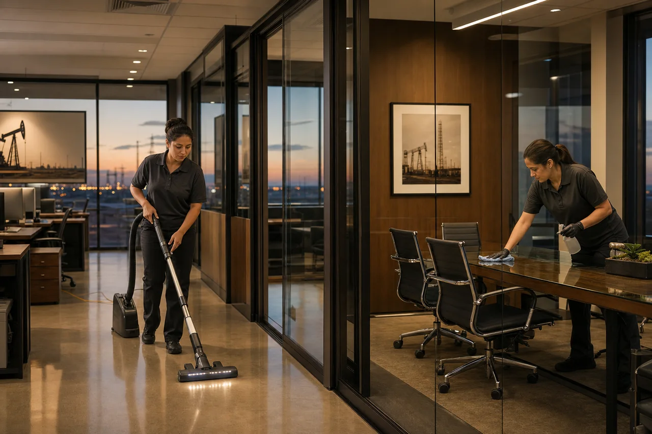 A team cleaning a modern West Texas office after hours