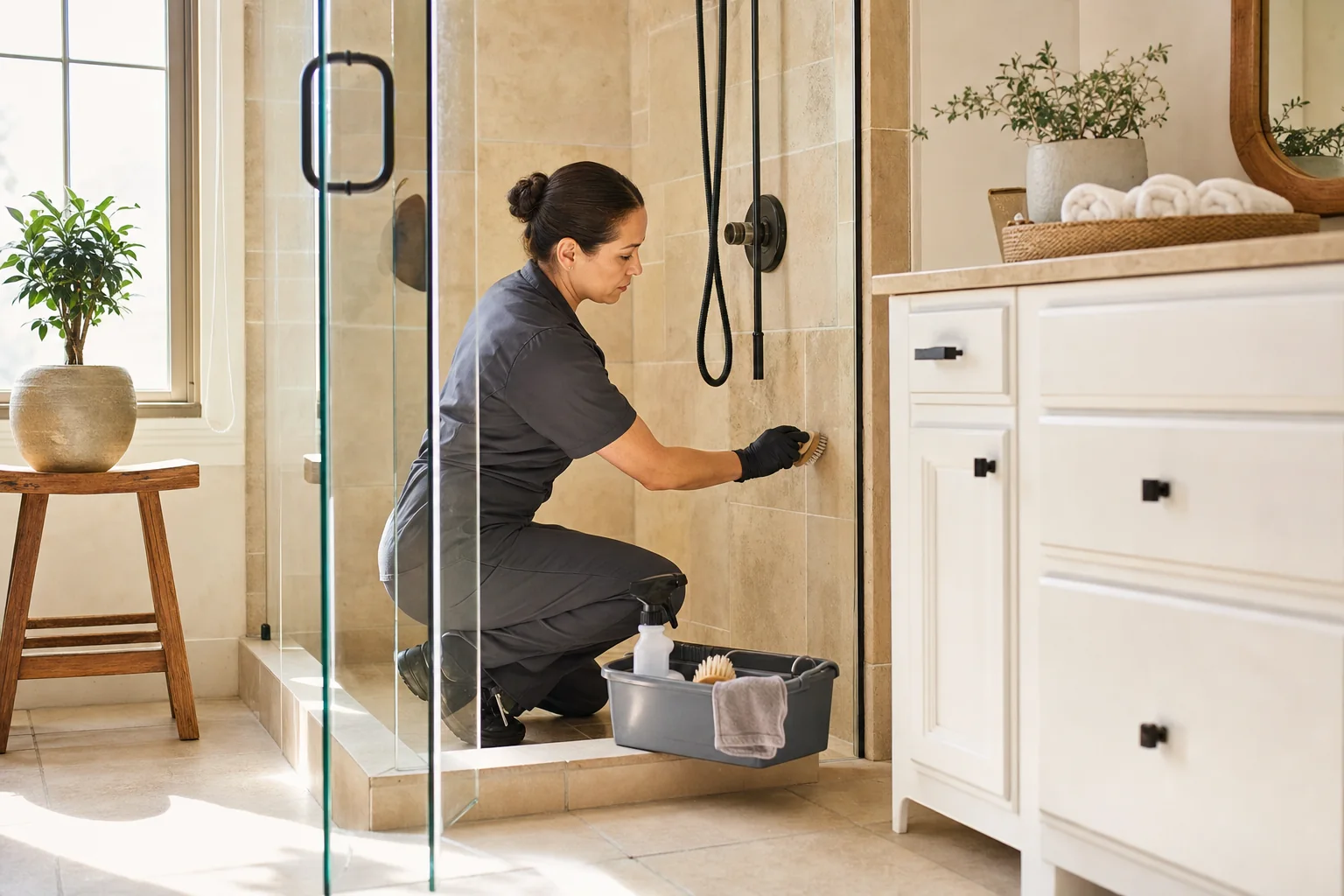 A professional cleaner carefully scrubbing tile and grout in a bright bathroom