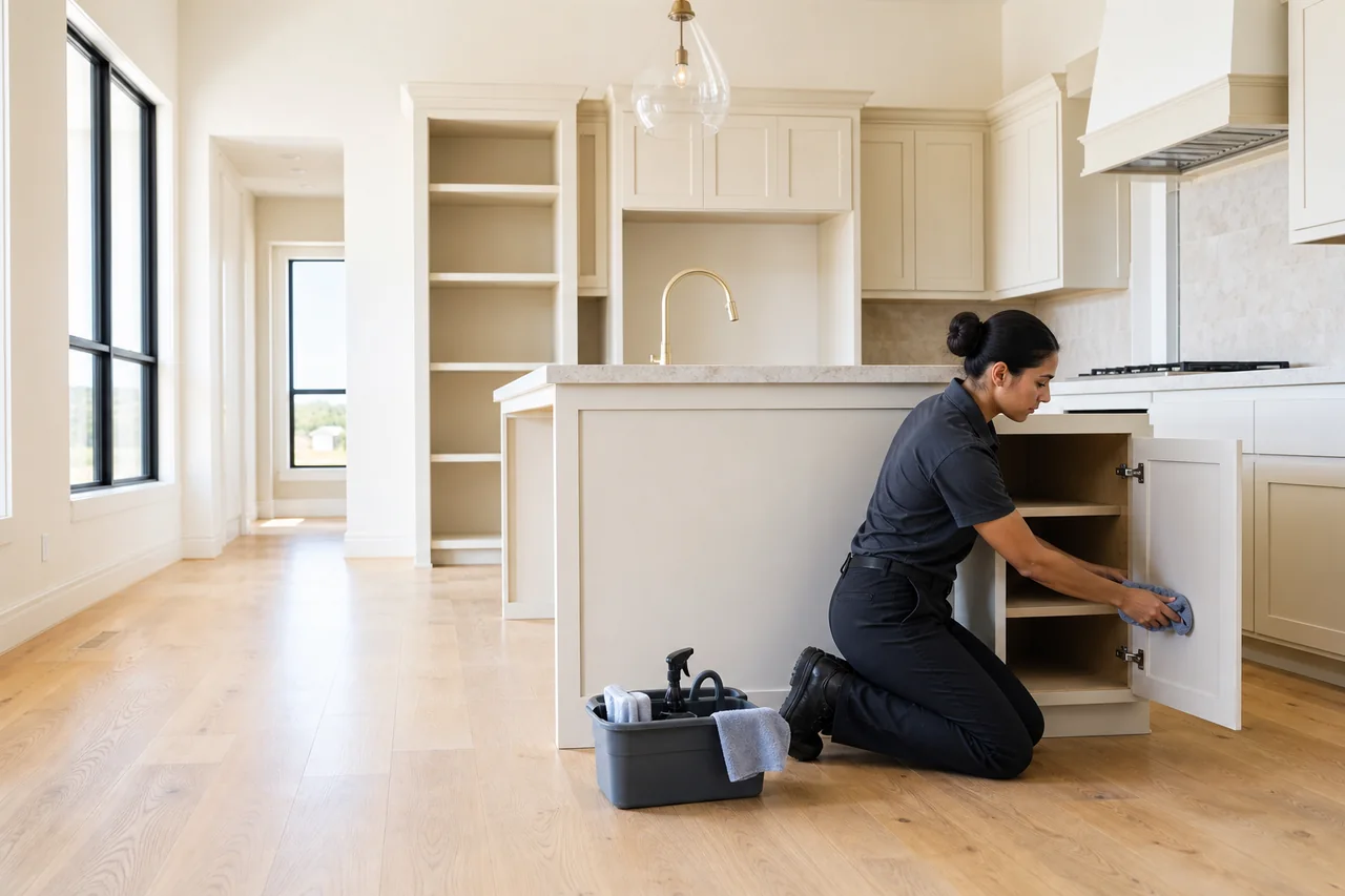 A cleaner detailing cabinets in an empty kitchen