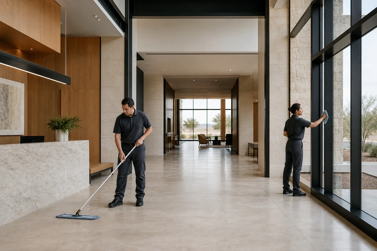 A final clean in a newly completed commercial lobby