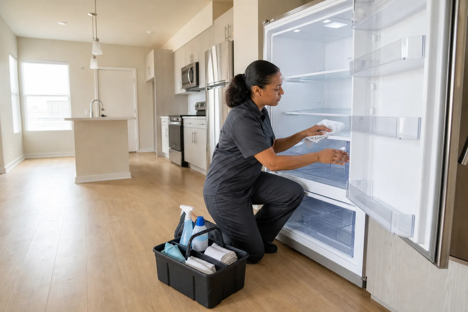 A professional cleaner detailing an empty refrigerator between apartment tenants