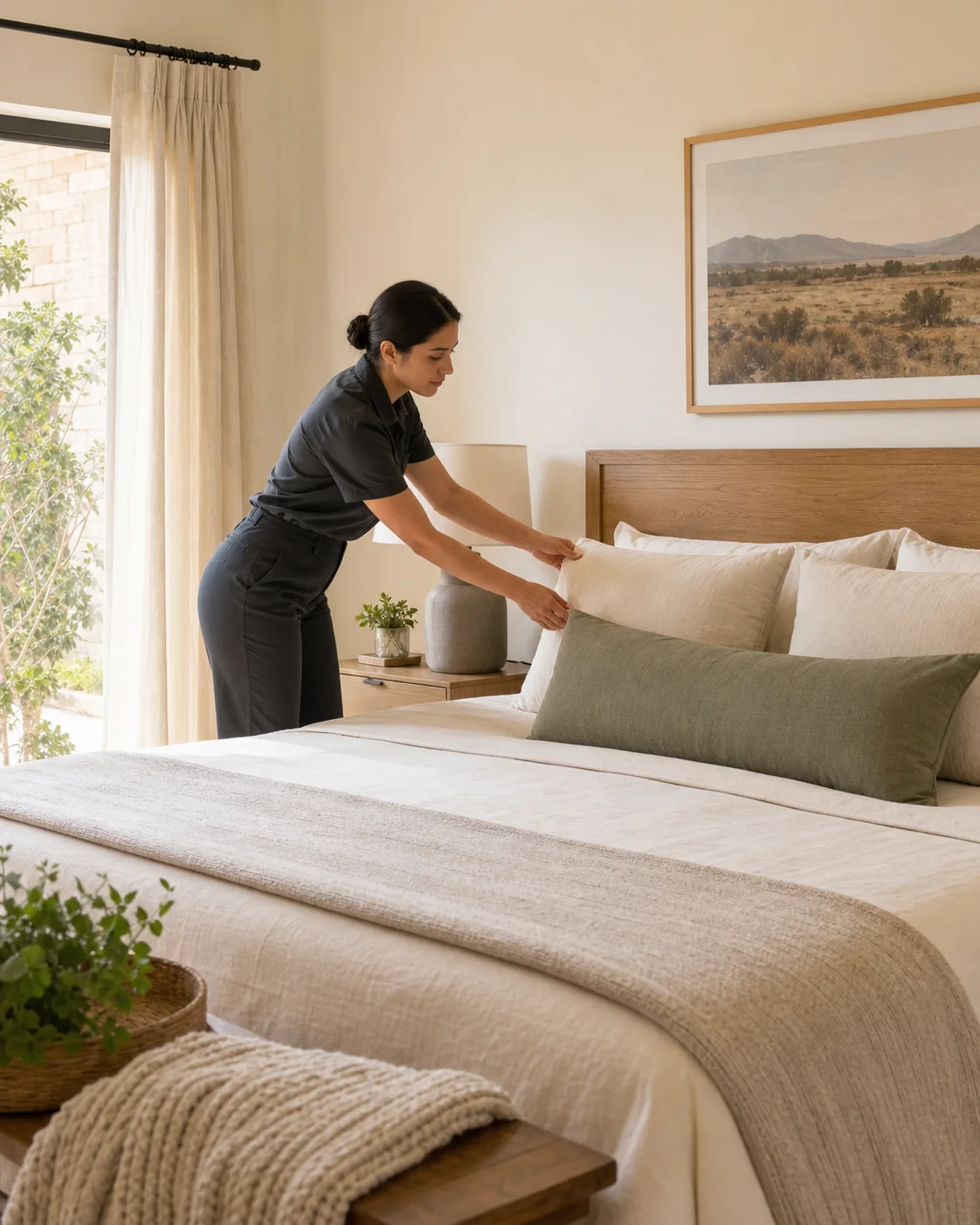 A professional cleaner making the final careful adjustments to a freshly prepared bedroom