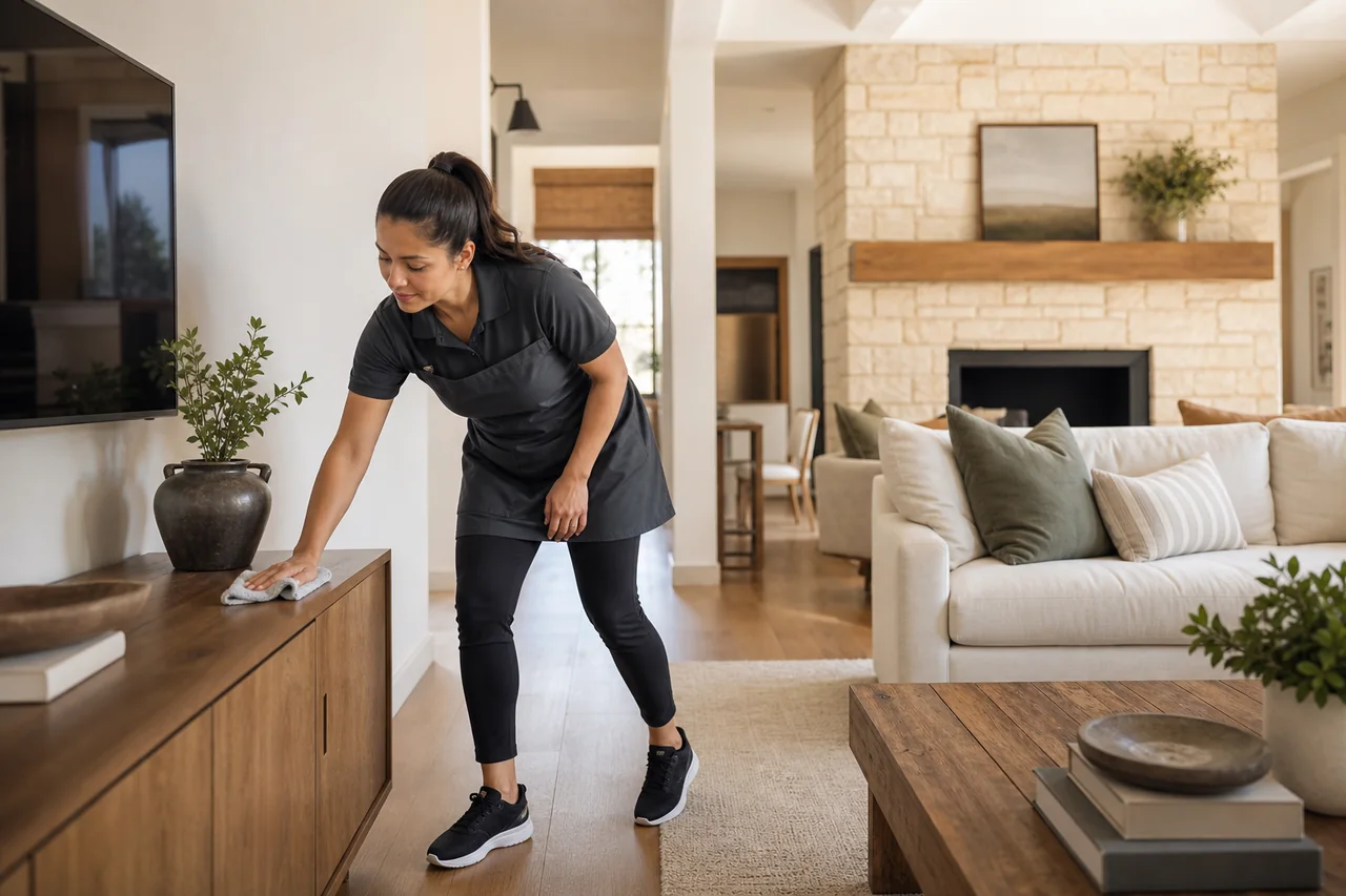 A professional cleaner carefully wiping a console in a bright living room